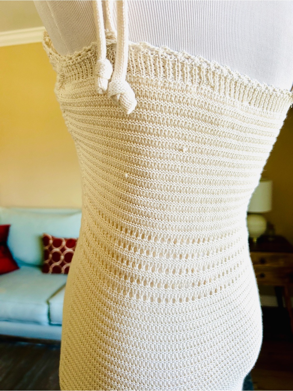 Olive + Oak Cream Crochet Button-Front Mini Dress Size Small Tie Straps Summer - Picture 11 of 11